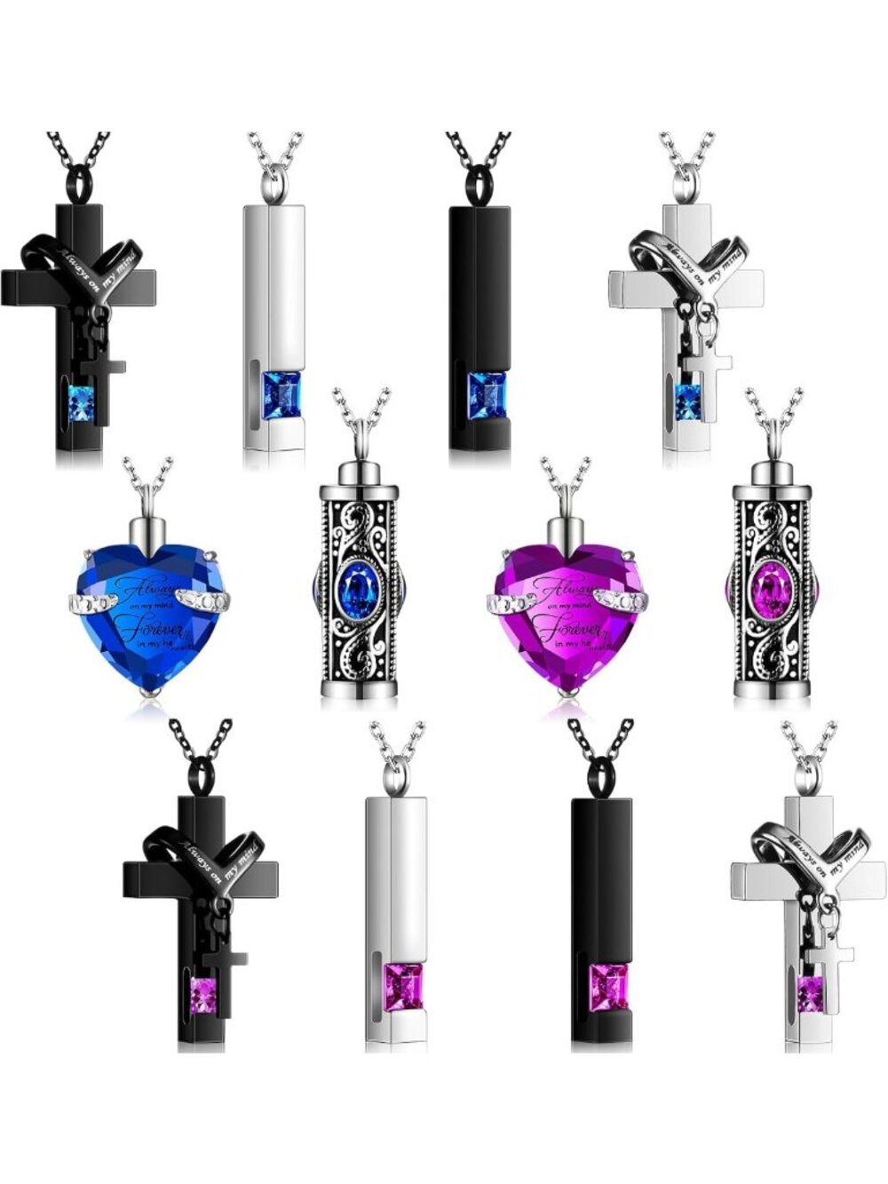 12 Pcs Cremation Urn Necklace Set - Stainless Steel Heart & Cross Lockets for